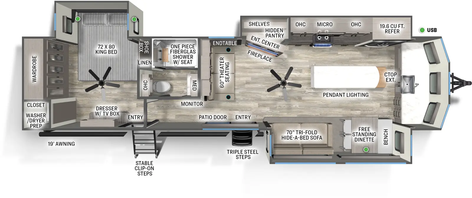 The Sandpiper Destination 402FK floorplan has two entries and three slide outs. Exterior features include: fiberglass exterior and 19' awning. Interiors features include: front kitchen, kitchen island, free-standing dinette option and rear bedroom.